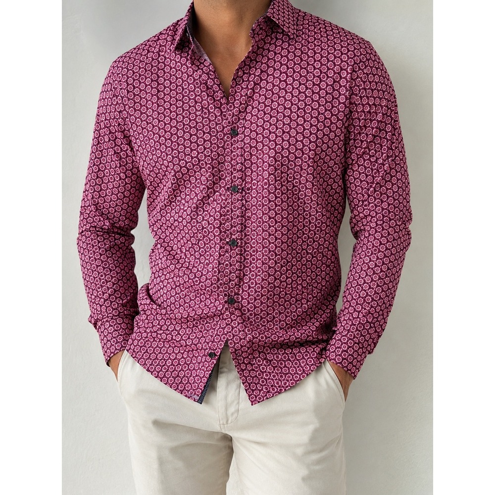 Con.Struct Slim Fit 4-Way Stretch Shirt Mens L Burgundy Floral Medallion Print